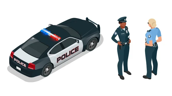 Police officer and police car with siren light blinking. Police officer in uniform, modern police car, police woman writing fine, police badge, police lights Royalty Free Stock Illustrations